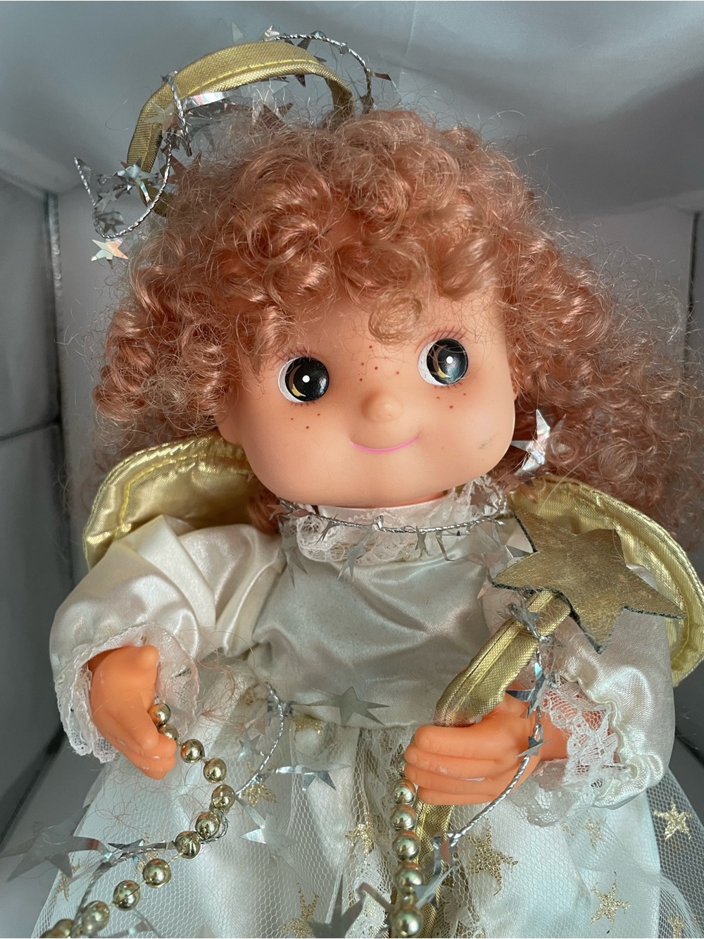 Vintage Angel Animated Doll with Curly Strawberry Blonde Hair Gold Wings